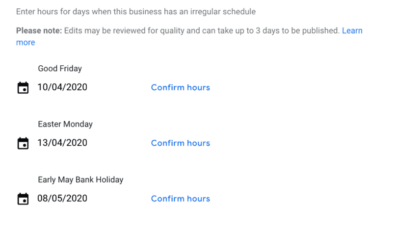 Google business profile special opening hours