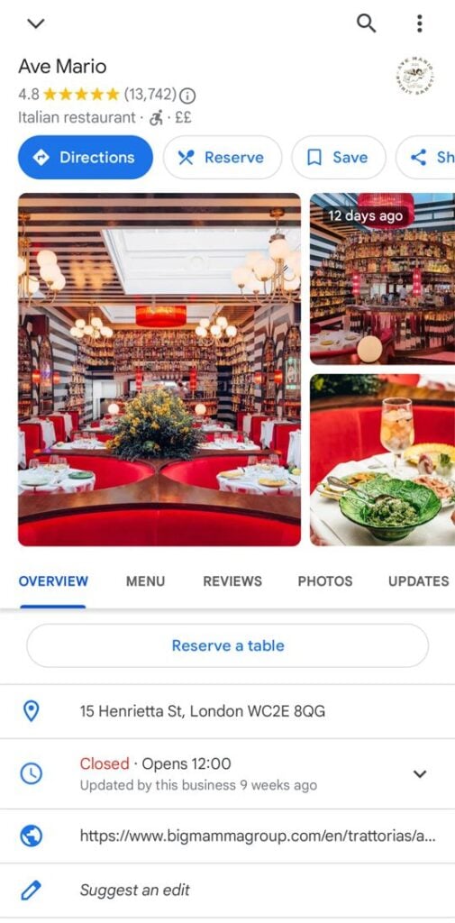 Ave Mario Google Business Profile showing option to reserve a table