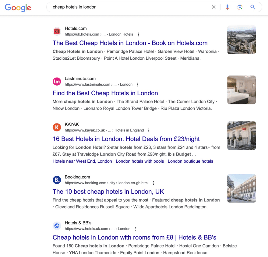 Cheap hotels london google search results
