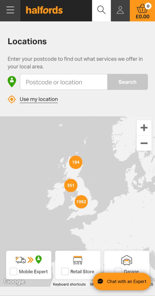 Halfords locations on their website