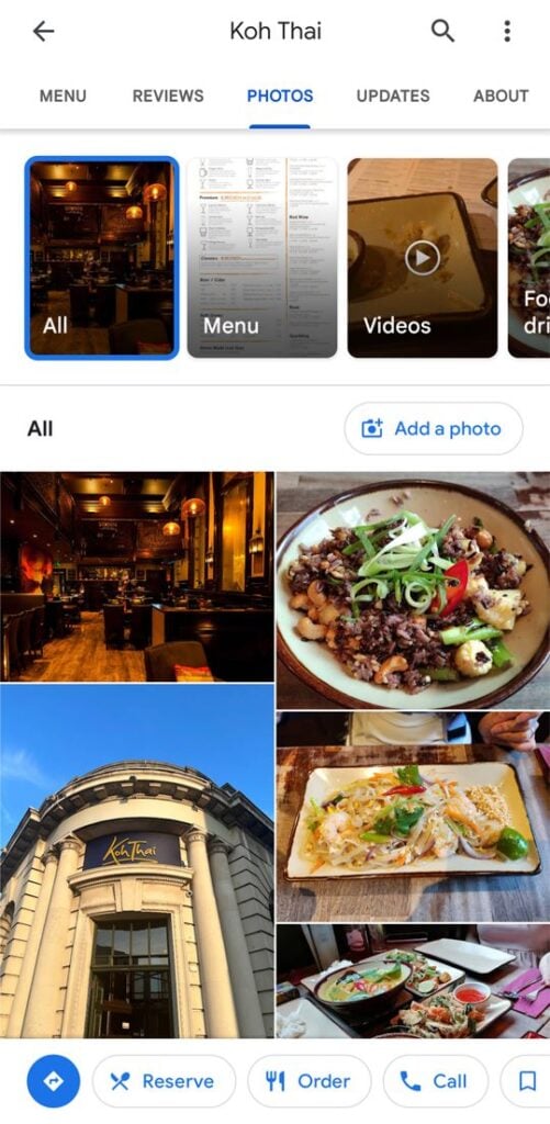 Koh Thai google business profile showing great photos of their food, ambiance, building etc
