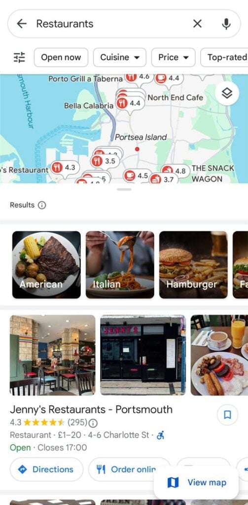 Local SEO search results for restaurants near me