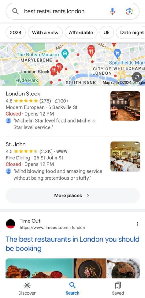 Google search results for best restaurants in London