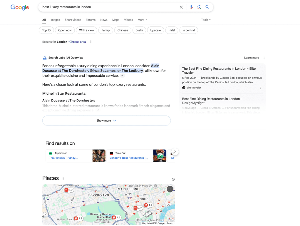 AI Overviews best luxury restaurants London